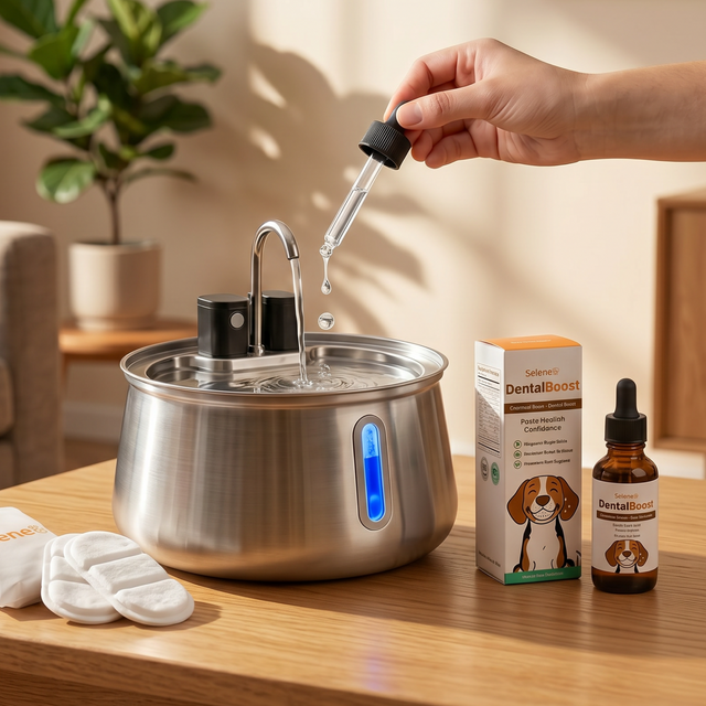 The Doggy Fountain Health Bundle: stainless steel fountain, Dental Boost drops and replacement filters